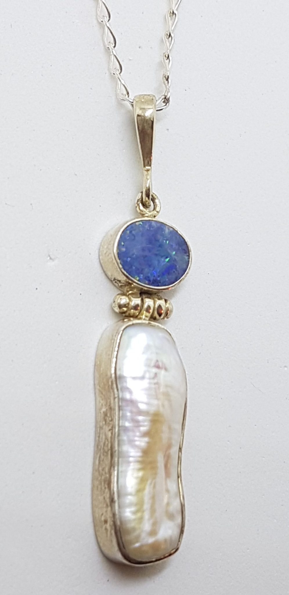 Sterling Silver Blue Opal & Blister Pearl Pendant on Silver Chain