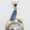 Sterling Silver Blue Opal, Peridot & Mabe Pearl Pendant on Silver Chain