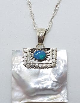 Sterling Silver Blue Opal & Mother of Pearl Large Square Pendant on Silver Chain