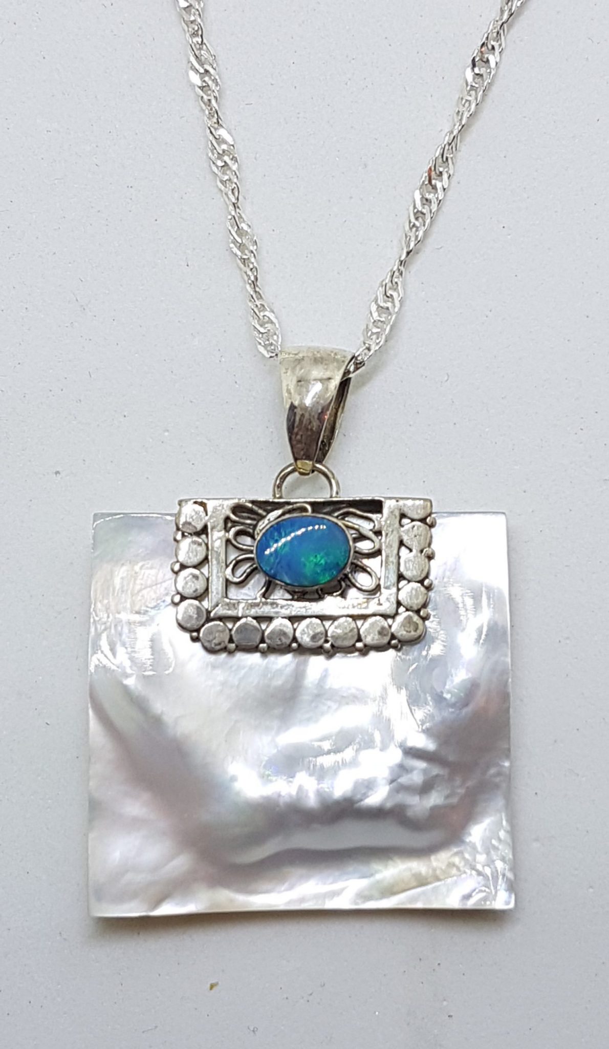 Sterling Silver Blue Opal & Mother of Pearl Large Square Pendant on Silver Chain