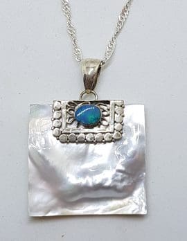 Sterling Silver Blue Opal & Mother of Pearl Large Square Pendant on Silver Chain