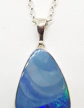 Sterling Silver Blue Opal Large Pendant on Silver Chain