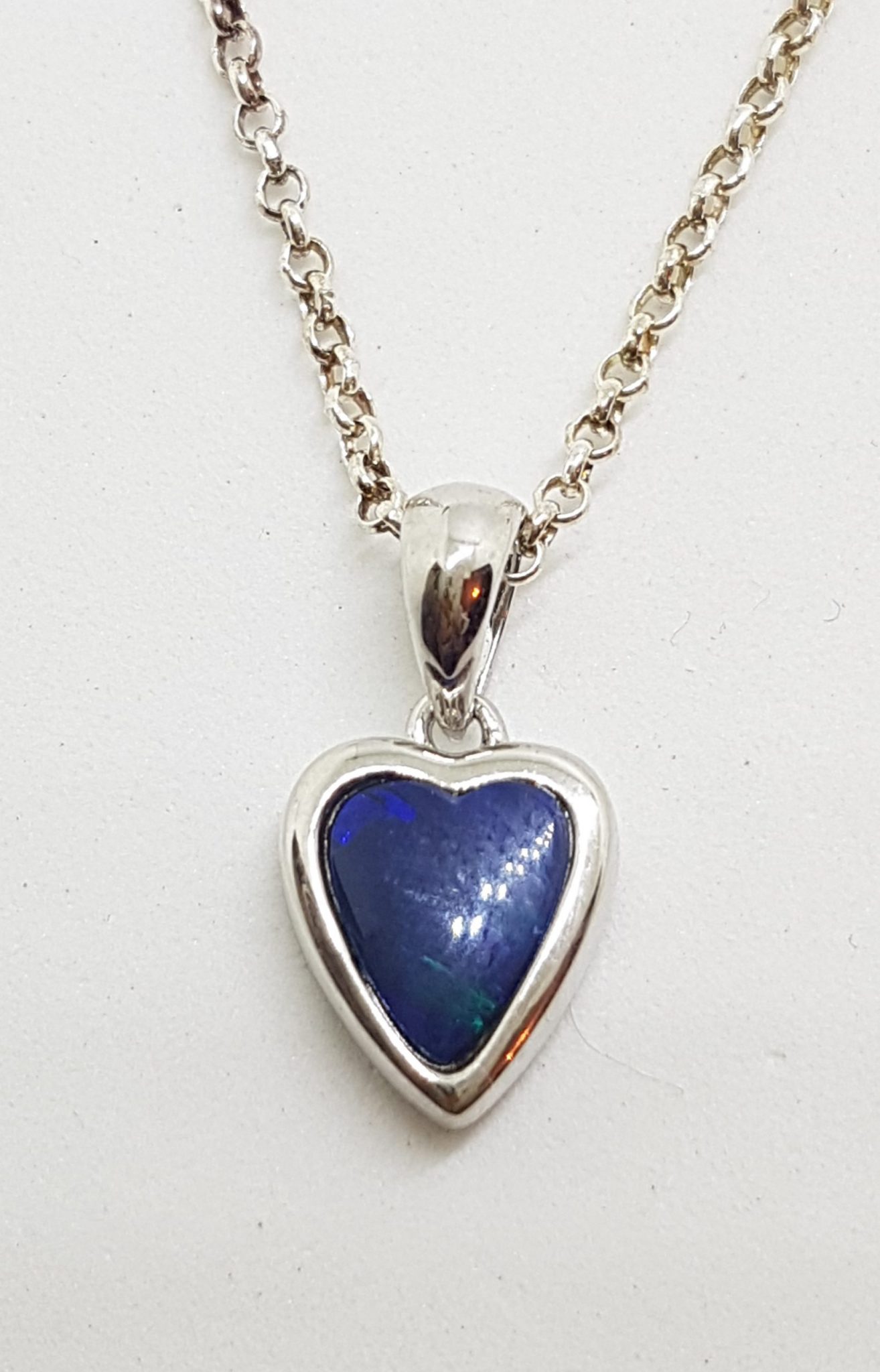 Sterling Silver Blue Opal Heart Pendant on Silver Chain