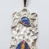 Sterling Silver Vibrant Multi-Colour and Blue Opal Rectangle Beaten Design Pendant on Silver Chain