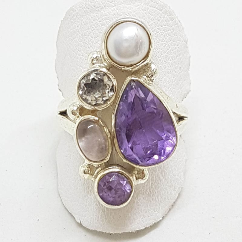 20200518_204135 Sterling Silver Large Amethyst, Quartz, Rose Quartz and Pearl Cluster Ring