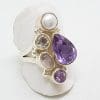 Sterling Silver Large Amethyst, Quartz, Rose Quartz and Pearl Cluster Ring
