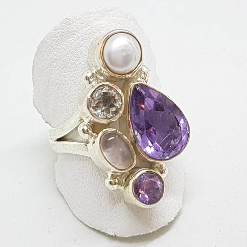 20200518_204205 Sterling Silver Large Amethyst, Quartz, Rose Quartz and Pearl Cluster Ring