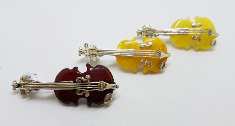 Sterling Silver Brown and Butter Amber Carved Violin Brooches/Pendants - Sold Separately
