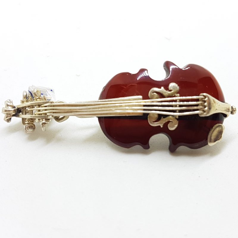 Sterling Silver Brown and Butter Amber Carved Violin Brooches/Pendants - Sold Separately