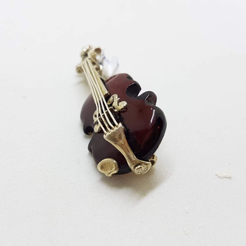 Sterling Silver Brown and Butter Amber Carved Violin Brooches/Pendants - Sold Separately