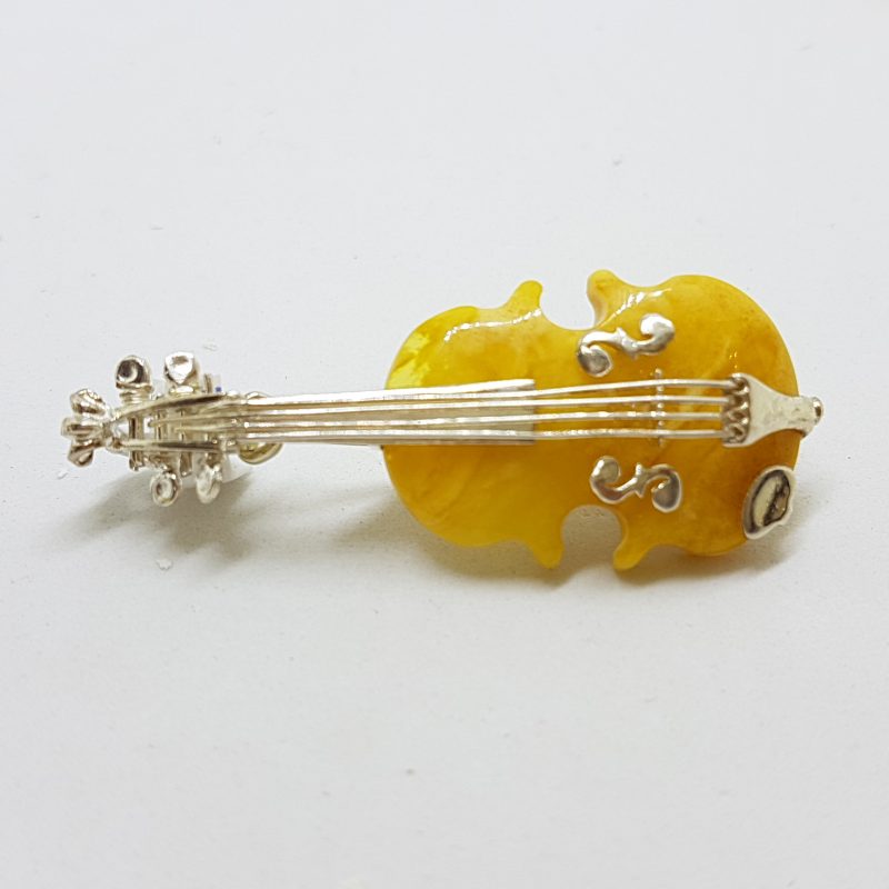Sterling Silver Brown and Butter Amber Carved Violin Brooches/Pendants - Sold Separately