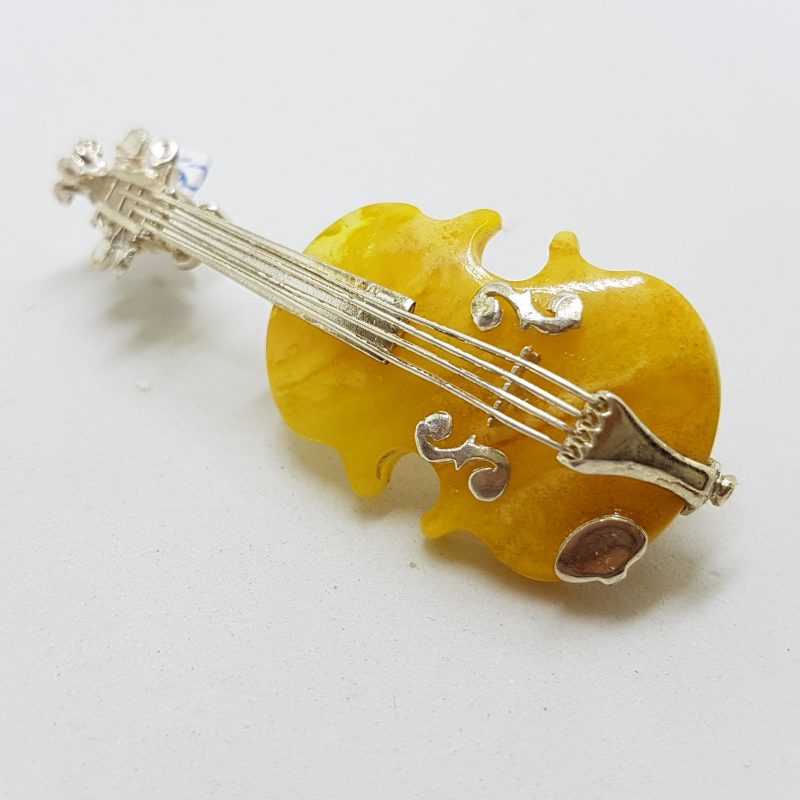 Sterling Silver Brown and Butter Amber Carved Violin Brooches/Pendants - Sold Separately