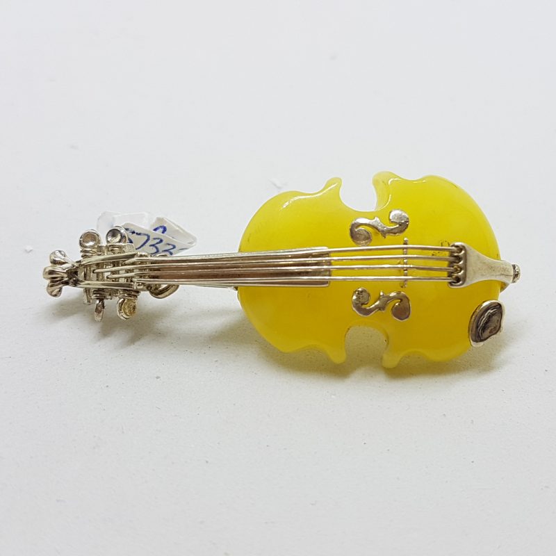 Sterling Silver Brown and Butter Amber Carved Violin Brooches/Pendants - Sold Separately