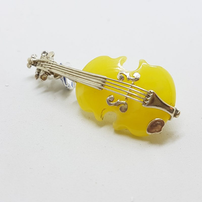 Sterling Silver Brown and Butter Amber Carved Violin Brooches/Pendants - Sold Separately