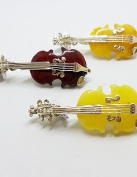 Sterling Silver Brown and Butter Amber Carved Violin Brooches/Pendants - Sold Separately