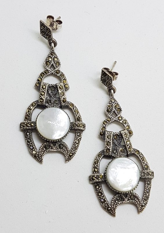 Sterling Silver Marcasite & Mother of Pearl Large Ornate Art Deco Style Drop Earrings