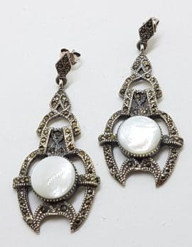 Sterling Silver Marcasite & Mother of Pearl Large Ornate Art Deco Style Drop Earrings