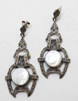 Sterling Silver Marcasite & Mother of Pearl Large Ornate Art Deco Style Drop Earrings