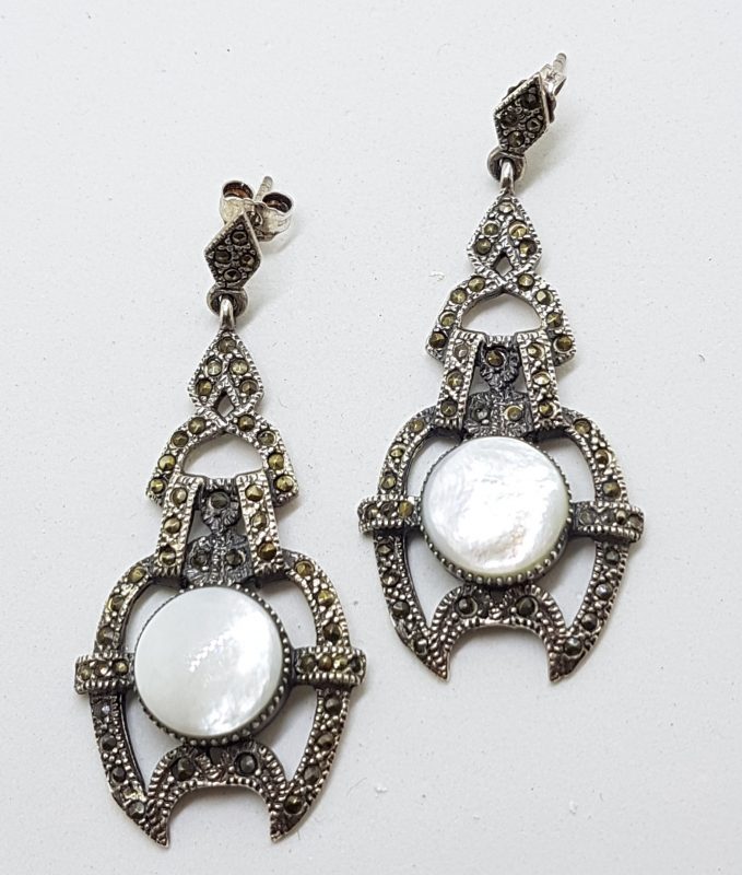 Sterling Silver Marcasite & Mother of Pearl Large Ornate Art Deco Style Drop Earrings