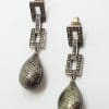 Sterling Silver Marcasite & Enamel Long Art Deco Style Drop Earrings