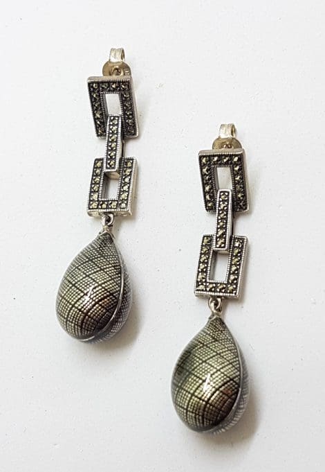 Sterling Silver Marcasite & Enamel Long Art Deco Style Drop Earrings