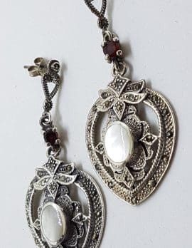 Sterling Silver Marcasite & Mother of Pearl Large Ornate Drop Earrings