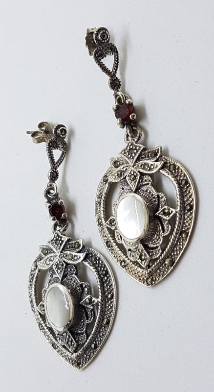 Sterling Silver Marcasite & Mother of Pearl Large Ornate Drop Earrings