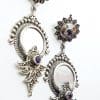 Sterling Silver Marcasite, Amethyst & Mother of Pearl Large Ornate Art Deco Style Drop Earrings