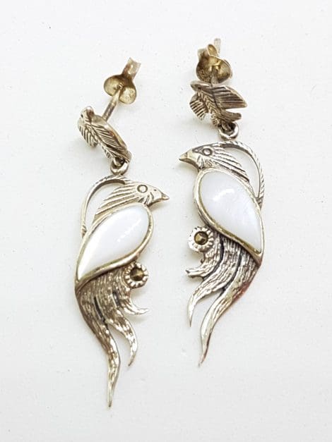 Sterling Silver Marcasite & Mother of Pearl Bird/Phoenix Drop Earrings