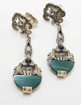 Sterling Silver Marcasite, Amethyst & Malachite Long Art Deco Style Drop Earrings