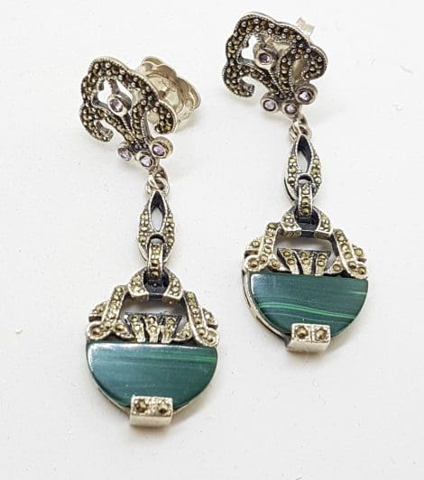 Sterling Silver Marcasite, Amethyst & Malachite Long Art Deco Style Drop Earrings