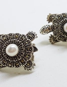 Sterling Silver Marcasite & Pearl Large Turtle Stud Earrings