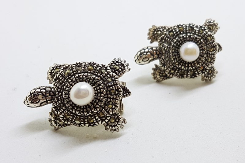 Sterling Silver Marcasite & Pearl Large Turtle Stud Earrings