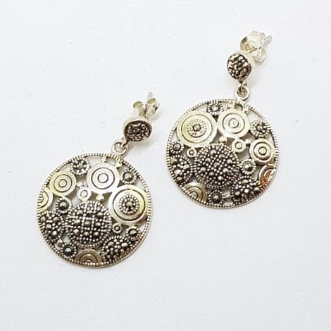 Sterling Silver Marcasite Large Round Drop Earrings