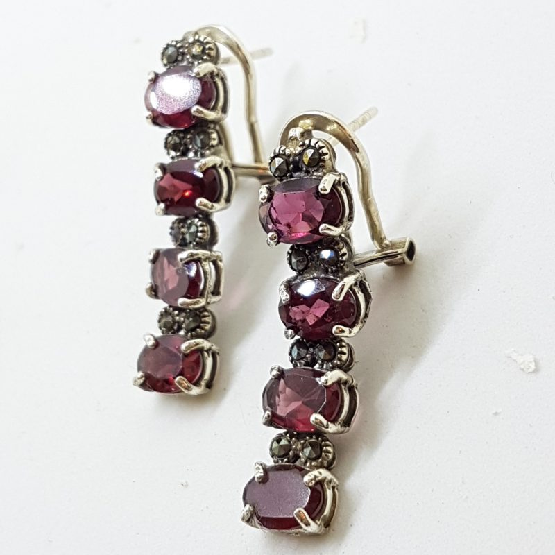 Sterling Silver Marcasite & Garnet Long Drop Earrings