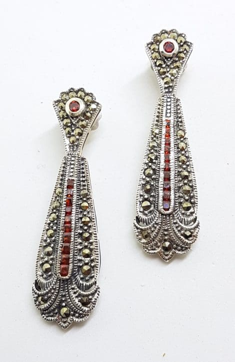 Sterling Silver Marcasite & Red Very Long Art Deco Style Drop Earrings