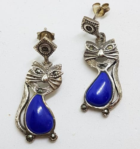 Sterling Silver Marcasite, & Blue Cat Drop Earrings