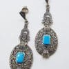 Sterling Silver Marcasite Long Drop Earrings with Reconstituted Turquoise