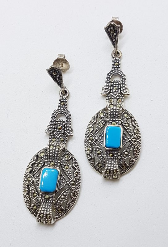 Sterling Silver Marcasite Long Drop Earrings with Reconstituted Turquoise