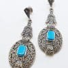 Sterling Silver Marcasite Long Drop Earrings with Reconstituted Turquoise
