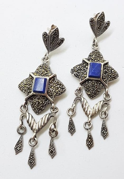 Sterling Silver Marcasite & Lapis Lazuli Long Drop Earrings