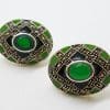 Sterling Silver Marcasite, Green Onyx & Emamel Large Oval Stud Earrings