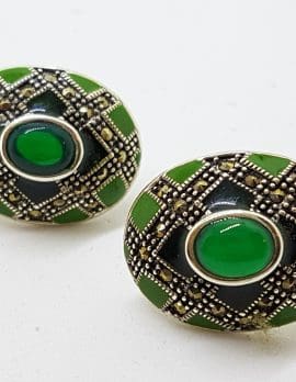 Sterling Silver Marcasite, Green Onyx & Emamel Large Oval Stud Earrings