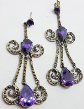 Sterling Silver Marcasite & Purple Cubic Zirconia Very Long Drop Earrings