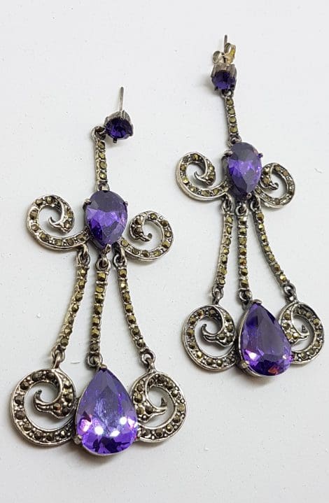 Sterling Silver Marcasite & Purple Cubic Zirconia Very Long Drop Earrings