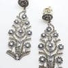 Stunning Sterling Silver Marcasite & Cubic Zirconia Very Long Drop Ornate Earrings