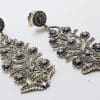 Stunning Sterling Silver Marcasite & Cubic Zirconia Very Long Drop Ornate Earrings