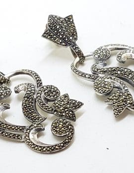 Stunning Sterling Silver Marcasite Large Ornate Drop Earrings