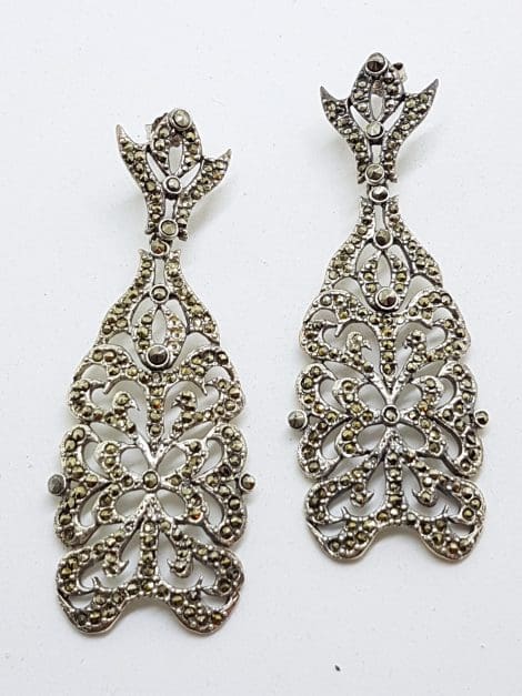 Stunning Sterling Silver Marcasite Very Large Ornate Drop Earrings