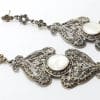 Sterling Silver Marcasite & Mother of Pearl Very Large & Long Ornate Drop Earrings
